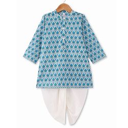 Babyhug 100% Cotton Woven Full Sleeves Kurta & Dhoti Set With Floral Print - Blue