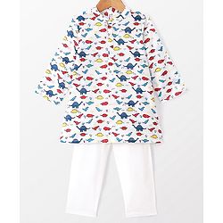 Babyhug 100% Cotton Woven Kurta & Pyjama Set With Dino Print - White