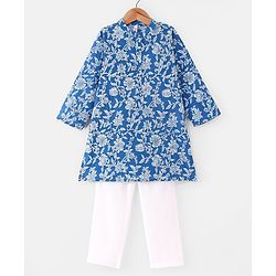 Babyhug Cotton Woven Full Sleeves  Floral Print Kurta Pyjama Set   - Blue