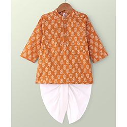 Babyhug Cotton Full Sleeves Dhari Printed Kurta Dhoti Set - Mustard