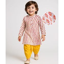 Babyhug 100% Cotton Woven Full Sleeves Kurta & Dhoti Set With Floral Print - White