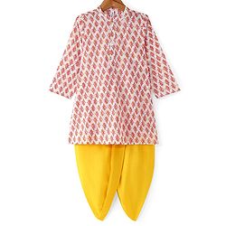 Babyhug 100% Cotton Woven Full Sleeves Kurta & Dhoti Set With Floral Print - White