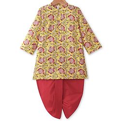 Babyhug 100% Cotton Woven Full Sleeves Floral Printed Kurta Dhoti Set- Lime Yellow