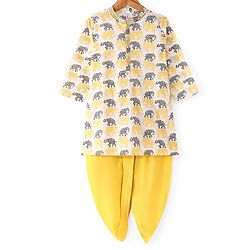 Babyhug 100% Cotton Woven Full Sleeves Kurta & Dhoti Set With Elephant Print - Yellow