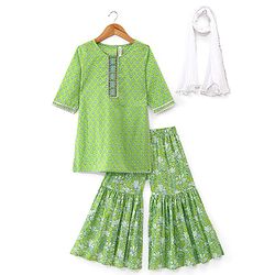 Babyhug 100% Cotton Woven Three Fourth Sleeves Kurti Palazzo & Dupatta Floral Print - Green