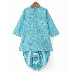 Babyhug 100% Cotton Woven Full Sleeves Kurta & Dhoti Set With Floral Print - Blue