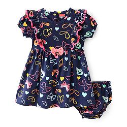 Babyhug Cotton Jersey Half Puffed Sleeves Butterfly Printed Frock With Bloomer - Navy