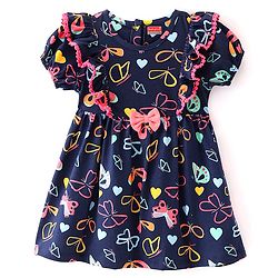 Babyhug Cotton Jersey Half Puffed Sleeves Butterfly Printed Frock With Bloomer - Navy