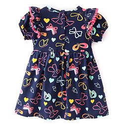 Babyhug Cotton Jersey Half Puffed Sleeves Butterfly Printed Frock With Bloomer - Navy