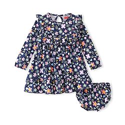 Babyhug Cotton Jersey Full Sleeves Frock With Bloomer Floral Print - Navy