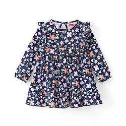 Babyhug Cotton Jersey Full Sleeves Frock With Bloomer Floral Print - Navy