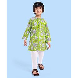 Babyhug Cotton Woven Full Sleeves Kurta & Pyjama Set With Floral Print - Green & White