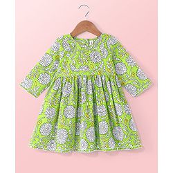 Babyhug Cotton Woven Three Fourth Sleeves Floral Print Kurti & Palazo Dupatta Set with Lace Detailing   - Green