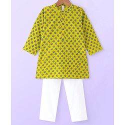 Babyhug Cotton Full Sleeves Kurta Pyjama Set Floral Print - Lime Yellow