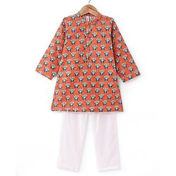 Babyhug Cotton Woven  Full Sleeves Floral Printed Kurta Pyjama Set - Orange