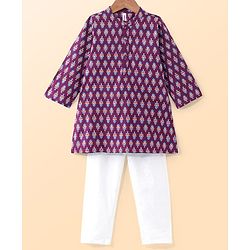 Babyhug Cotton Full Sleeves Hand Block Printed Kurta & Pyjama Set - Magenta & White