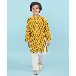 Babyhug Cotton Full Sleeves Kurta Pyjama Set Floral Print - Yellow