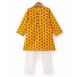 Babyhug 100% Cotton Woven Full Sleeves Floral Printed Kurta Pajama Set - Yellow