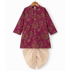 Babyhug 100% Cotton Woven Full Sleeves Floral Printed Kurta & Dhoti Set - Magenta