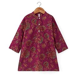 Babyhug 100% Cotton Woven Full Sleeves Floral Printed Kurta & Dhoti Set - Magenta