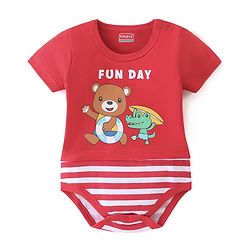Babyhug 100% Cotton Knit Half Sleeves Onesie Striped & Teddy Print - Red