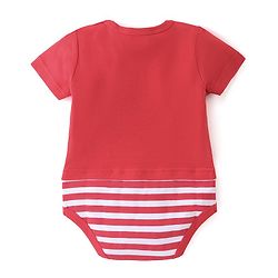 Babyhug 100% Cotton Knit Half Sleeves Onesie Striped & Teddy Print - Red