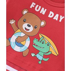 Babyhug 100% Cotton Knit Half Sleeves Onesie Striped & Teddy Print - Red