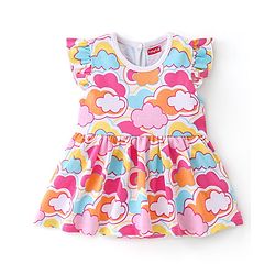 Babyhug 100% Cotton Frill Sleeves  Frock Style Onesie Cloud Print - Pink