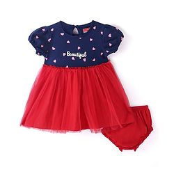Babyhug Cotton Jersey Half Sleeves Heart & Text Printed Frock with Bloomer - Navy & Red