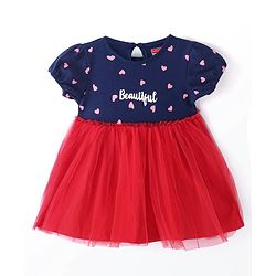 Babyhug Cotton Jersey Half Sleeves Heart & Text Printed Frock with Bloomer - Navy & Red