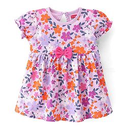 Babyhug Cotton Jersey Knit Half Sleeves Floral Print Frock with Blooomer-Pink