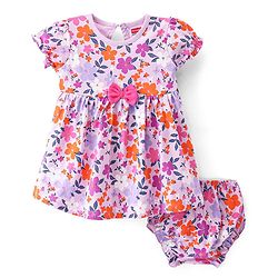 Babyhug Cotton Jersey Knit Half Sleeves Floral Print Frock with Blooomer-Pink