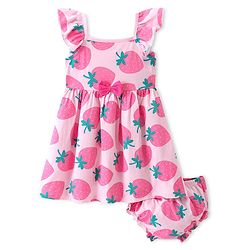 Babyhug Cotton Jersey Knit Sleeveless Frock With Bloomer Strawberry Print - Pink