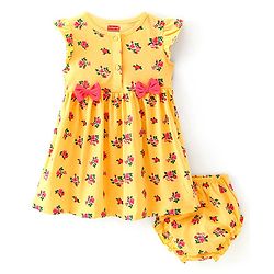 Babyhug Cotton Jersey Frill Sleeves Floral Printed Frock With Bloomer & Bow - Yellow