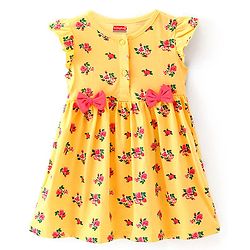 Babyhug Cotton Jersey Frill Sleeves Floral Printed Frock With Bloomer & Bow - Yellow