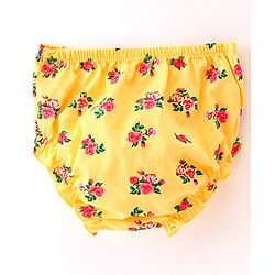 Babyhug Cotton Jersey Frill Sleeves Floral Printed Frock With Bloomer & Bow - Yellow