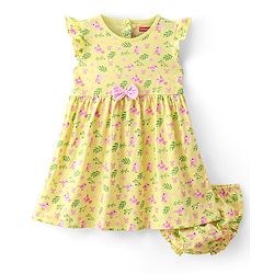Babyhug Cotton Jersey Knit Frill Sleeves Frock With Bloomer Floral Print - Yellow