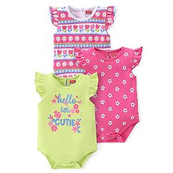 Babyhug 100% Cotton Knit Sleeveless with Frill Detailing Onesie Pack of 3 Text & Floral Print - Mutlicolour