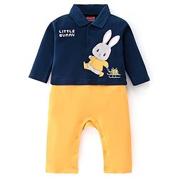 Babyhug 100% Cotton Interlock Knit Full Sleeves Romper Bunny Print - Navy Blue