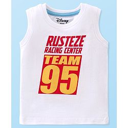 Babyhug Disney Cars 100% Cotton Knit Half Sleeves Regular Collar printed Shirt with Sleeveless T-Shirt- White & Red