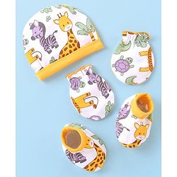 Babyhug 100% Cotton Cap Mittens & Booties Animal Print - Multicolour