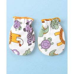 Babyhug 100% Cotton Cap Mittens & Booties Animal Print - Multicolour