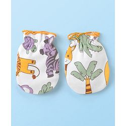Babyhug 100% Cotton Cap Mittens & Booties Animal Print - Multicolour