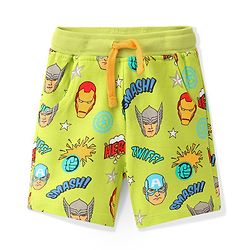 Babyhug Marvel Cotton Terry Knit Shorts Avengers Print - Lime Green