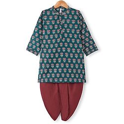 Babyhug 100% Cotton Woven Full Sleeves Kurta & Dhoti Set With Ikat Print - Green & Maroon