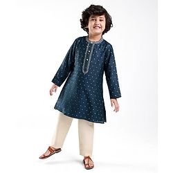 Babyhug Woven Full Sleeves Kurta & Pyjama Set With Foil Print - Navy Blue