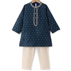 Babyhug Woven Full Sleeves Kurta & Pyjama Set With Foil Print - Navy Blue