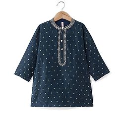 Babyhug Woven Full Sleeves Kurta & Pyjama Set With Foil Print - Navy Blue