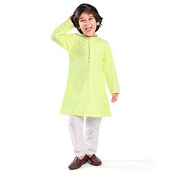 Babyhug Woven Full Sleeves Embroidered Kurta & Pyjama Set - Lime Yellow