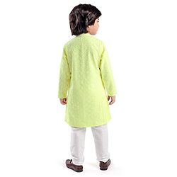Babyhug Woven Full Sleeves Embroidered Kurta & Pyjama Set - Lime Yellow